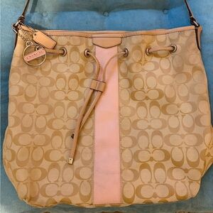 Coach Tan & Pink Signature Print Shoulder Bucket Drawstring Shoulder Bag Purse